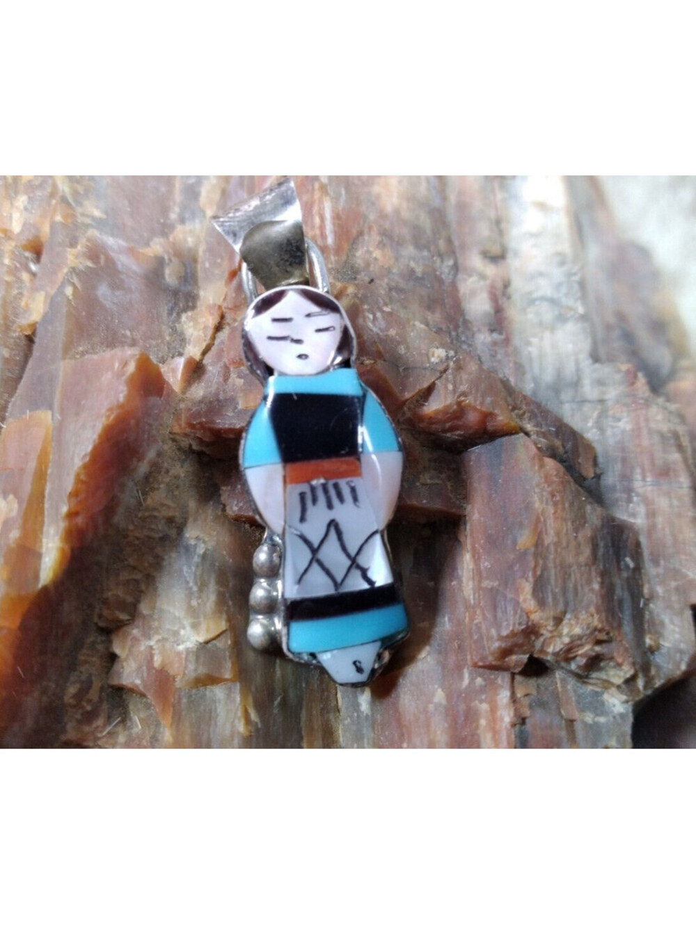 ZUNI 925 S SILVER Joyce Waseta MAIDEN PENDANT Turquoise Onyx m.o.p  Inlay Signed